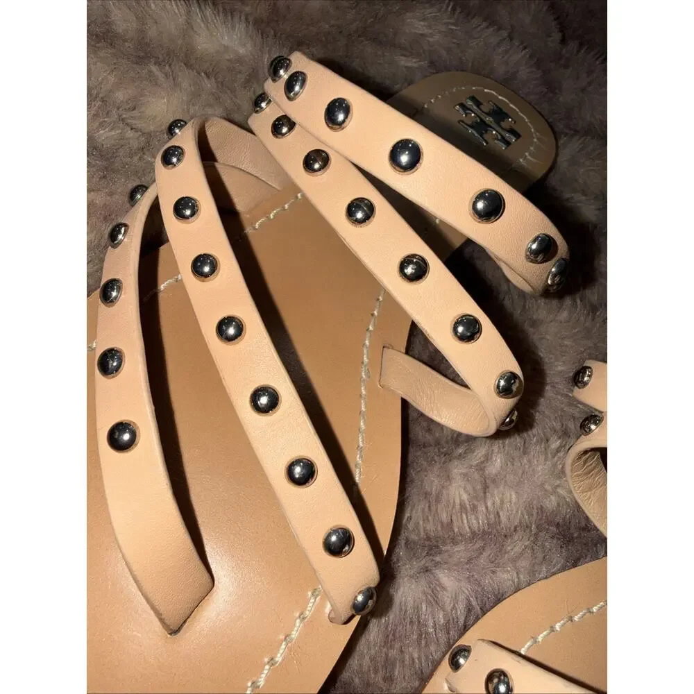 TORY BURCH Patos Studded Sandal SZ 9M Ivory Women LTHR Slide Flat Shoe Beach